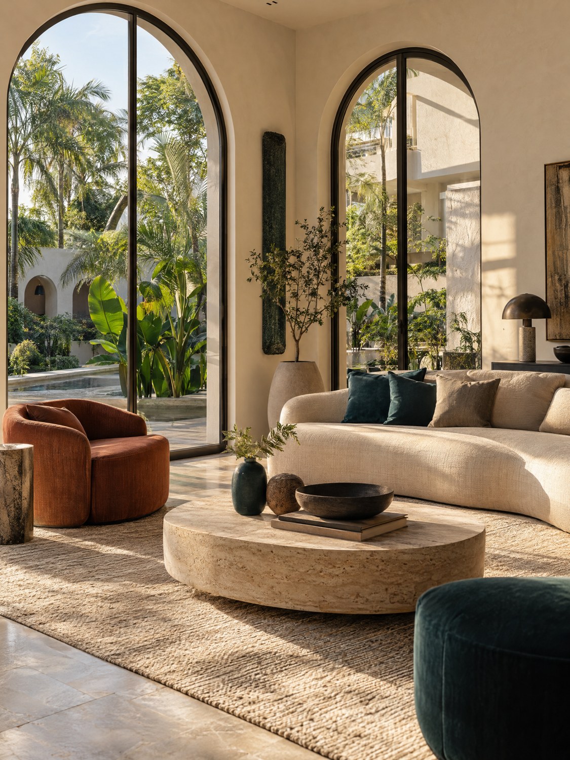 Illustrative light-filled living room with neutral furnishings